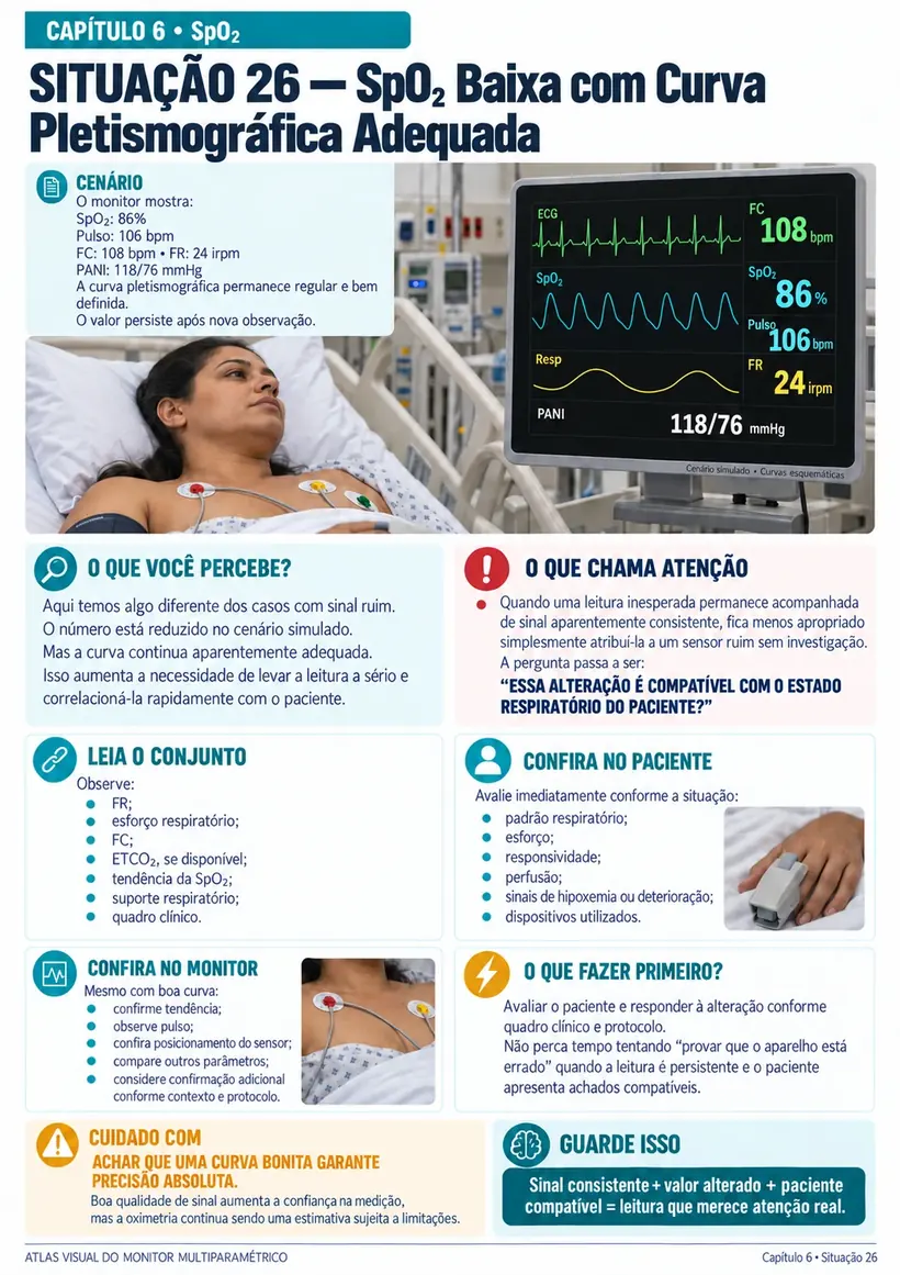 Página demonstrativa — Situação 26 — SpO₂ Baixa com Curva Pletismográfica Adequada